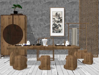 新中式茶桌椅边柜组合su模型，简约 茶几sketchup模型下载