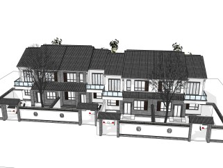 中式联排别墅建筑草图大师模型，古建民俗sketchup模型免费下载