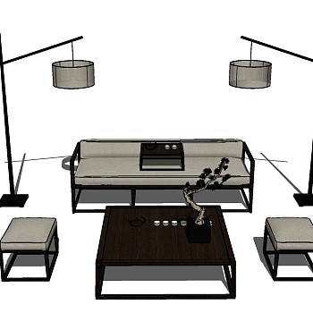 新中式多人沙发草图大师模型，多人沙发sketchup模型下载