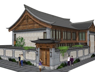中式别墅建筑草图大师模型，古建民俗sketchup模型免费下载