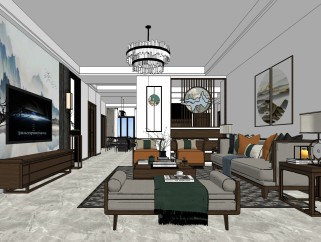 新中式客厅su模型，客厅sketchup模型下载