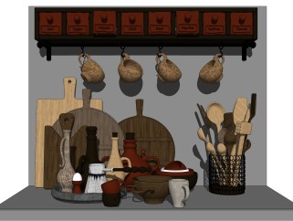 现代实木器皿碗勺餐具组合su模型，餐具草图大师模型下载