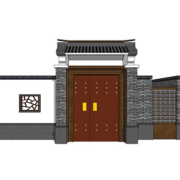 中式院门院墙草图大师模型，院门院墙sketchup模型免费下载