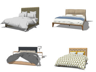 现代双人床组合su模型，双人床sketchup模型下载