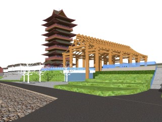 新中式公园景观草图大师模型，公园sketchup模型下载