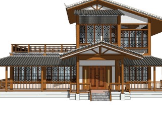 民宿茶楼建筑草图大师模型，SU模型免费下载