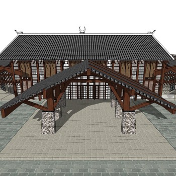 中式居住建筑草图大师模型，古建民俗sketchup模型免费下载