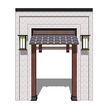 中式院门院墙草图大师模型，院门院墙sketchup模型免费下载