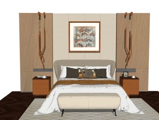 现代卧室双人床组合草图大师模型，双人床su模型下载
