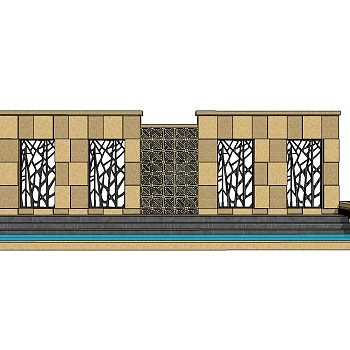 中式景观墙SU模型下载，景观墙skb模型分享