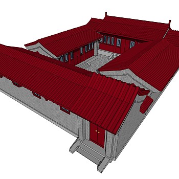 中式四合院建筑草图大师模型，古建民俗sketchup模型免费下载