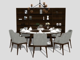 现代中式圆形餐桌椅su模型，餐桌sketchup模型下载