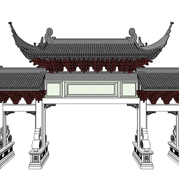 中式牌坊草图大师模型下载、牌坊建筑su模型下载