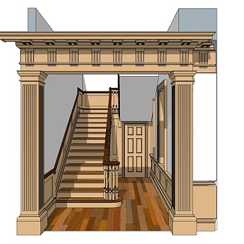 现代实木双跑平行楼梯草图大师模型，实木双跑平行楼梯sketchup模型免费下载