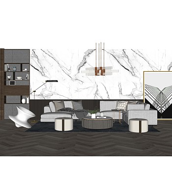 现代布艺多人沙发组合草图大师模型，多人沙发组合sketchup模型下载