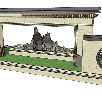 中式景观墙sketchup模型下载，景观墙草图大师模型