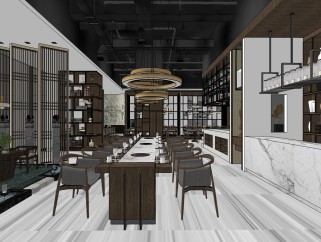新中式禅意餐厅室内设计方案草图大师模型，禅意餐厅室内设计方案sketchup模型下载