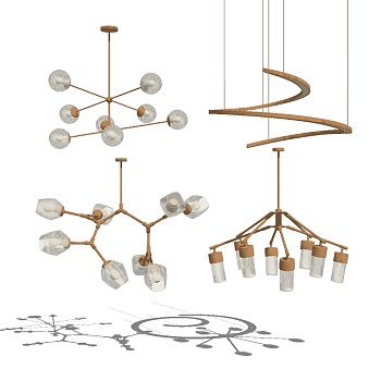 现代金属多头吊灯组合su模型，吊灯sketchup模型下载