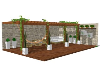 现代庭院实木花架草图大师模型，庭院实木花架sketchup模型下载
