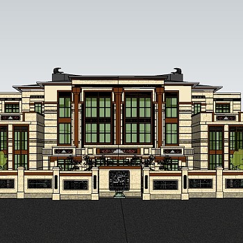 新中式连排别墅su模型免费下载，sketchup别墅草图大师模型