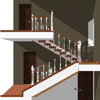 现代实木双跑平行楼梯草图大师模型，实木双跑平行楼梯sketchup模型免费下载