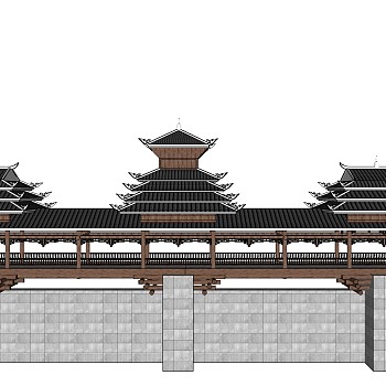 中式廊桥草图大师模型下载，廊桥su模型下载