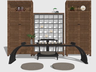 新中式茶桌椅装饰柜组合su模型，茶桌sketchup模型下载