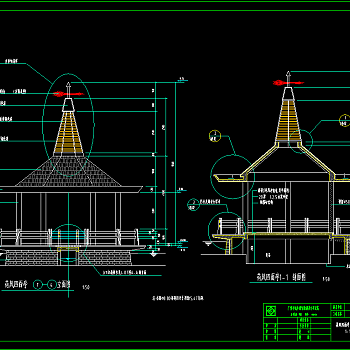 各种亭子cad施工图纸，观景亭cad竣工图下载