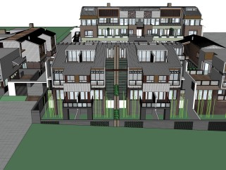 新中式别墅建筑，连排叠加别墅，SU模型免费下载