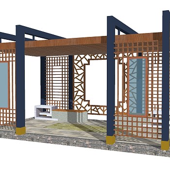 新中式造型廊架草图大师模型，造型廊架sketchup模型下载