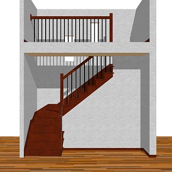 现代实木三跑楼梯草图大师模型，实木三跑楼梯sketchup模型免费下载