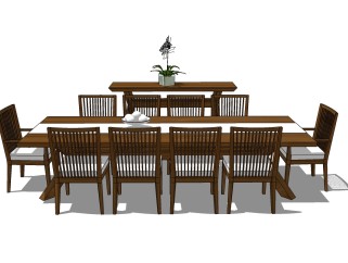 新中式餐桌椅组合su模型，餐桌椅组合skp模型下载
