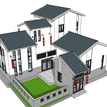 新中式别墅su模型下载、新中式别墅草图大师模型下载