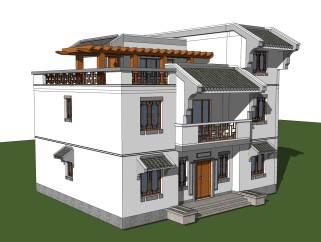 中式别墅建筑草图大师模型，古建民俗sketchup模型免费下载