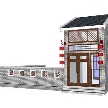 中式院门院墙草图大师模型，院门院墙sketchup模型免费下载
