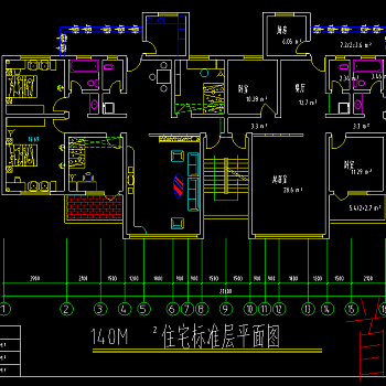 现代大型梯户cad户型图纸，三室两厅cad施工图下载