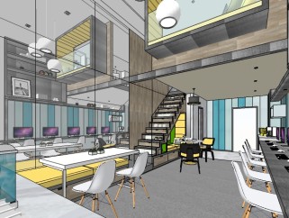 现代风格的办公室室内表现的草图模型，办公室sketchup模型库