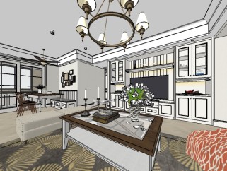 现代美式客餐厅草图模型，客餐厅草图大师模型下载