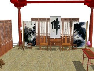 中式古风佛家禅室草图模型，中式座椅草图模型sketchup下载
