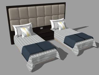 现代单人床组合草图大师模型，单人床sketchup模型