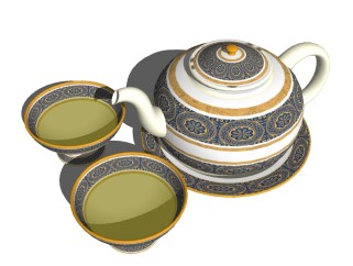 欧式茶壶茶杯草图大师模型，茶壶茶杯sketchup模型