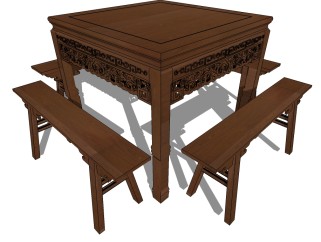 中式实木四方餐桌椅草图大师模型，桌子sketchup模型