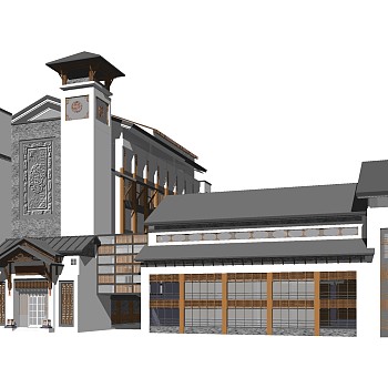 新中式沿街商业建筑草图大师模型，沿街商业建筑sketchup模型免费下载