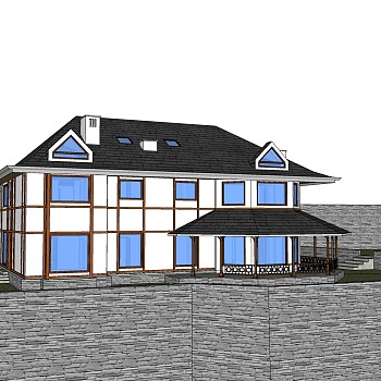 傍山现代独栋别墅草图大师模型下载，独栋别墅sketchup模型