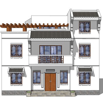 中式别墅外观草图大师模型，别墅外观sketchup模型免费下载