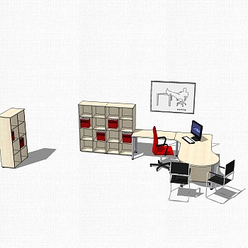 班台桌文件柜组合su模型，班台桌文件柜组合sketchup模型下载