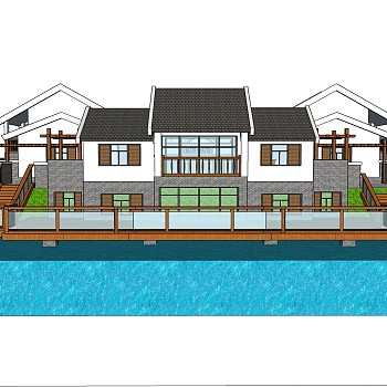 新中式独栋别墅草图大师模型，sketchup别墅su模型下载