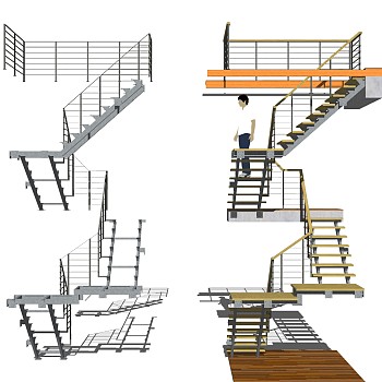 现代钢结构双跑平行楼梯草图大师模型，钢结构双跑平行楼梯sketchup模型免费下载