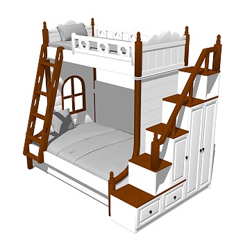 现代高低床铺草图大师模型，儿童床SU模型下载