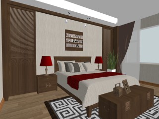 中式卧室主人房免费su模型，卧室草图大师模型下载